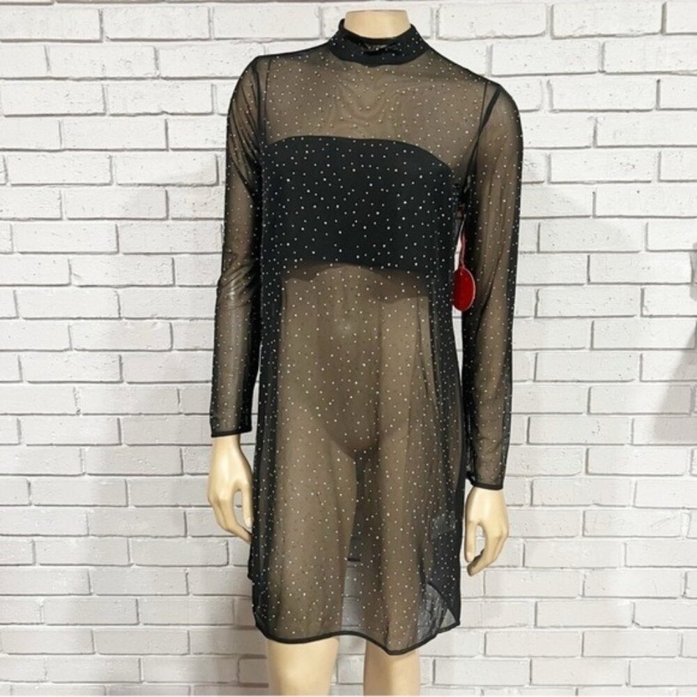 Eva Franco Long‑Sleeve Sheer Mesh Rhinestone Tunic Top, Size M — Statement Layer - Picture 1 of 7